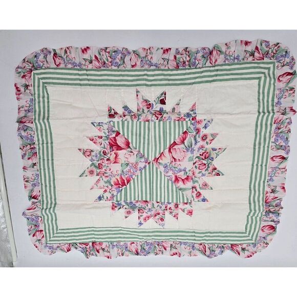 Hand Sewn Quilted Sham Floral & Striped Ruffle 20" x 26" - Picture 2 of 5